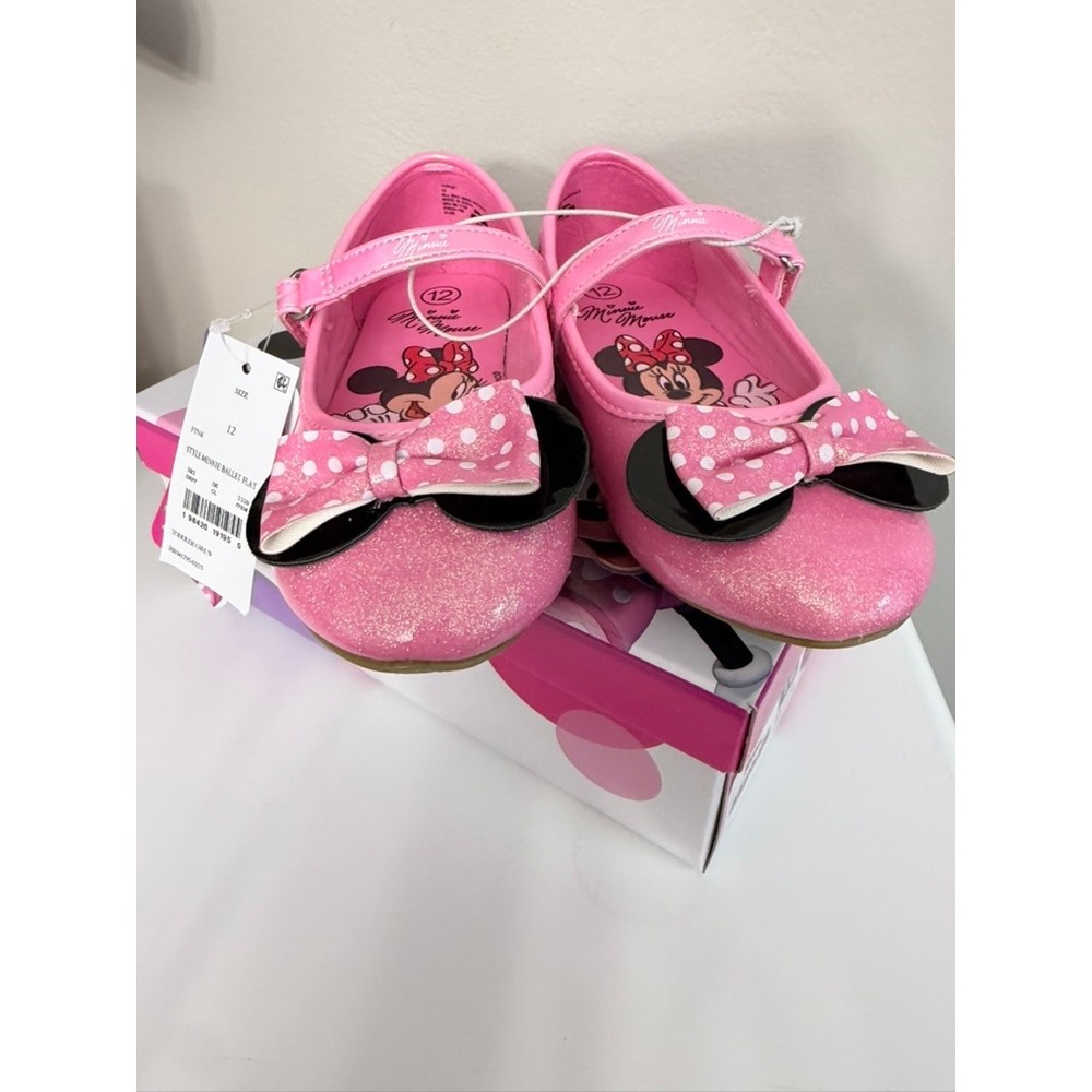 Disney Minnie Mouse Ballet Flat Girls Size 12 Pink Glitter Bow Mary Jane NEW NWT